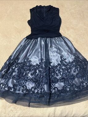 SLNY Navy and Silver Embroidered Tulle Party Dress